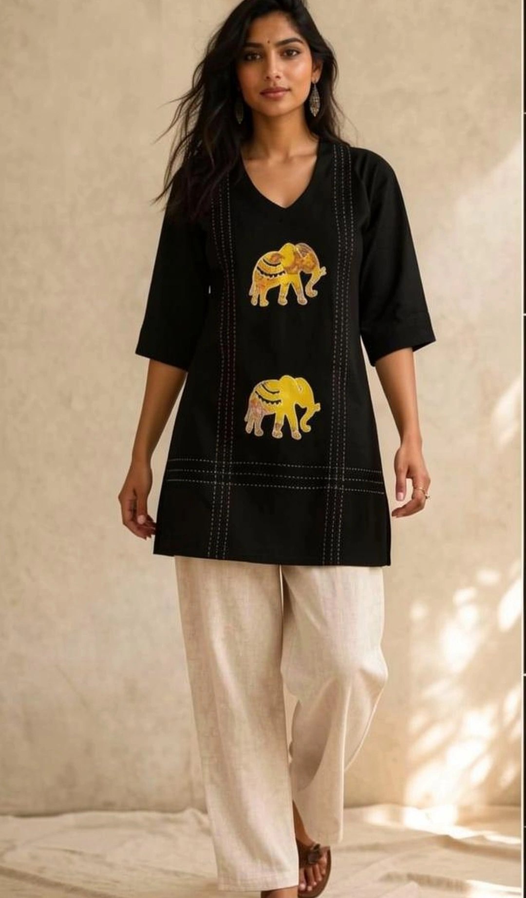 Elegant Black Elephant Print Short Kurthi
