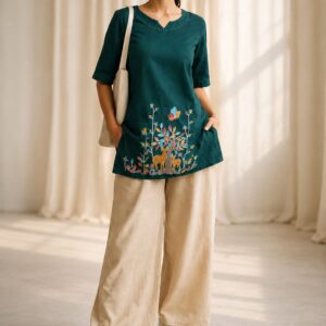 Women's Green Embroidered Short Kurti | Casual Ethnic Cotton Top for Daily Wear
