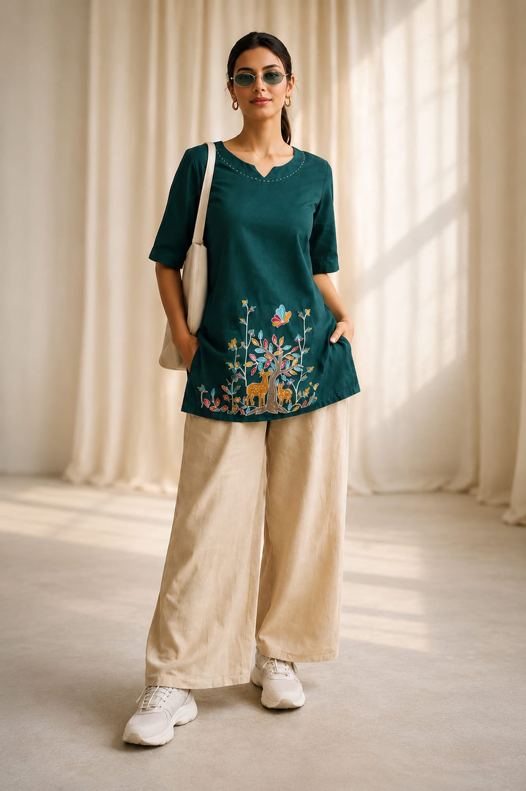 Women's Green Embroidered Short Kurti | Casual Ethnic Cotton Top for Daily Wear