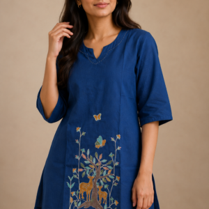 Women's Navy Blue Embroidered Short Kurti | Deer & Tree Design Casual Ethnic Top