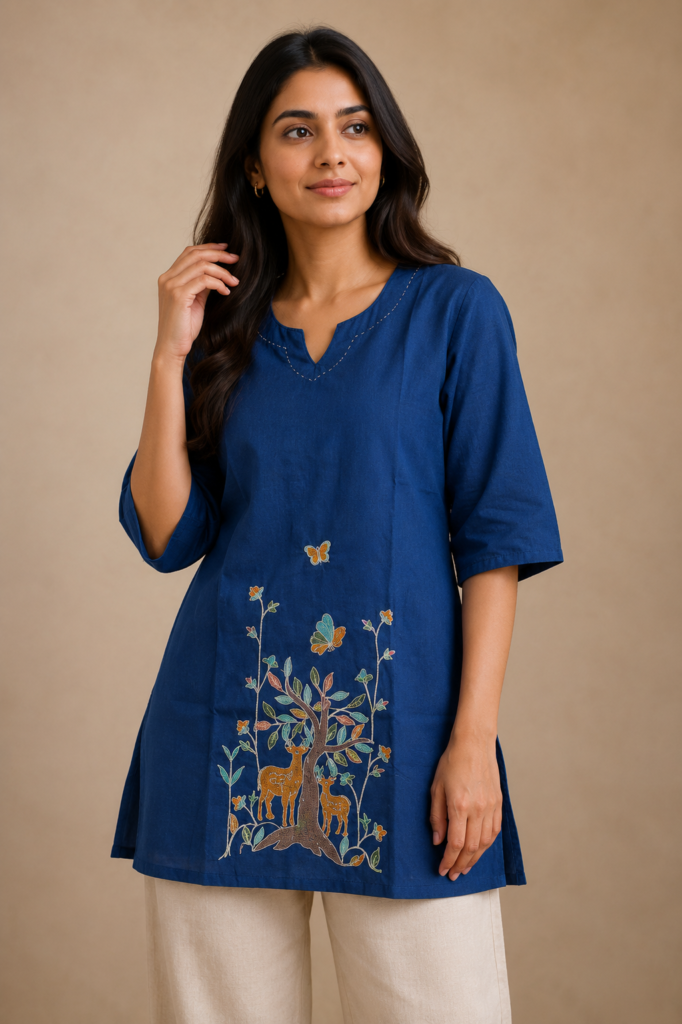 Women's Navy Blue Embroidered Short Kurti | Deer & Tree Design Casual Ethnic Top