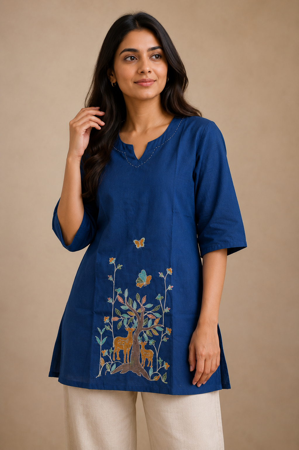 Women's Navy Blue Embroidered Short Kurti | Deer & Tree Design Casual Ethnic Top