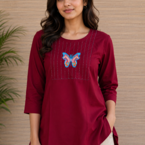 Women's Maroon Butterfly Embroidered Short Kurti Casual Ethnic Wear Top