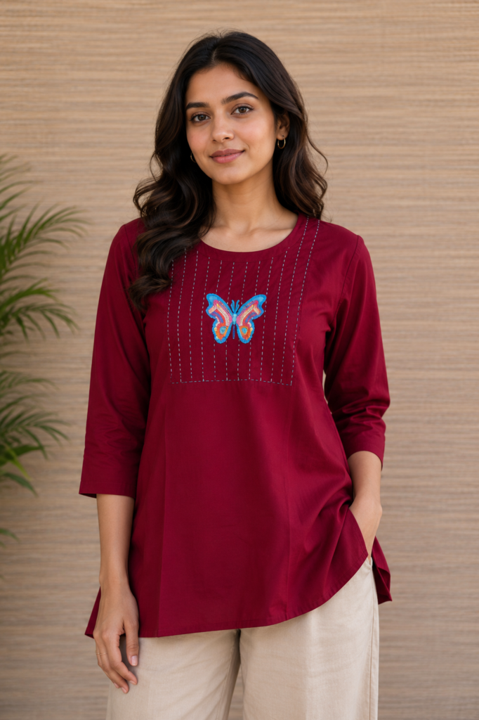 Women's Maroon Butterfly Embroidered Short Kurti Casual Ethnic Wear Top