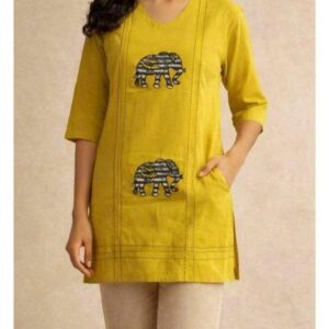 Women's Mustard Yellow Elephant Print Short Kurti | Casual Ethnic Cotton Top