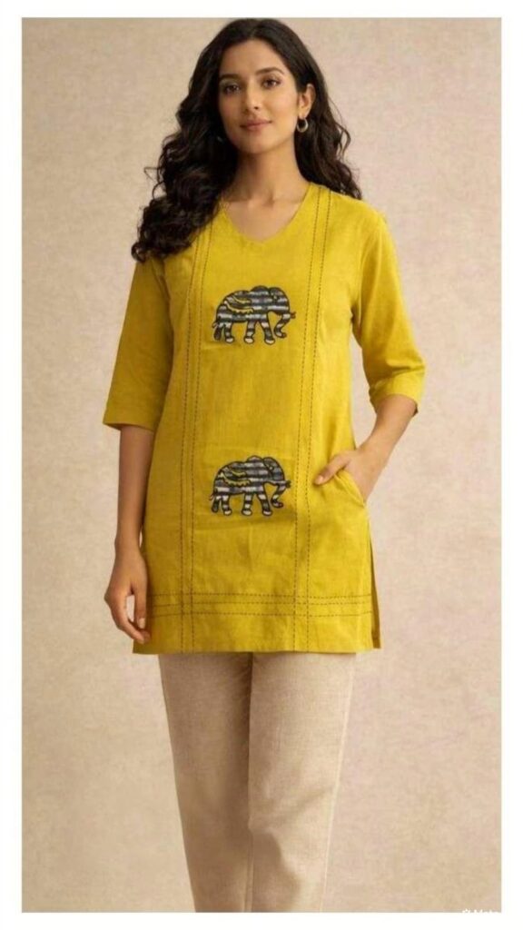 Women's Mustard Yellow Elephant Print Short Kurti | Casual Ethnic Cotton Top