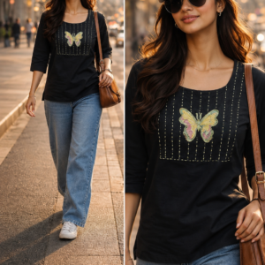 Stylish Black Butterfly Embroidered Short Kurti | Casual Cotton Ethnic Top