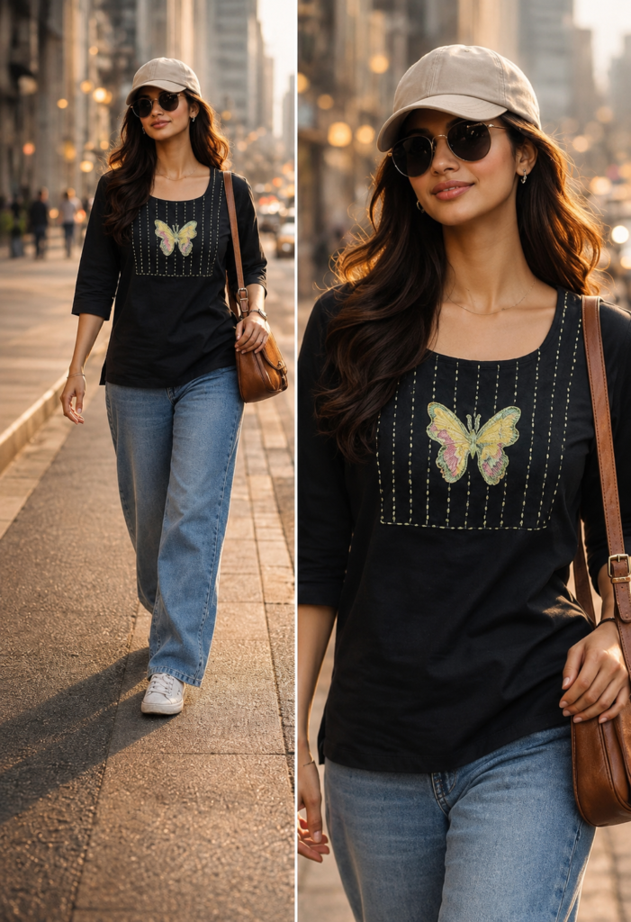 Stylish Black Butterfly Embroidered Short Kurti | Casual Cotton Ethnic Top