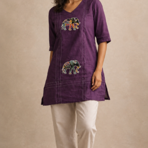 Women's Purple Elephant Patchwork Short Kurti | Casual Ethnic Cotton Top