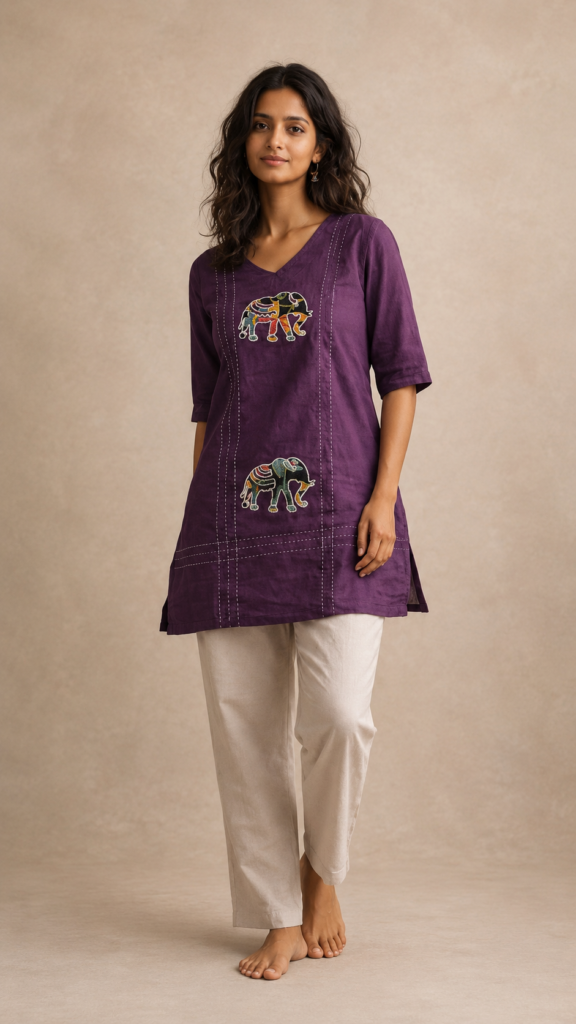 Women's Purple Elephant Patchwork Short Kurti | Casual Ethnic Cotton Top