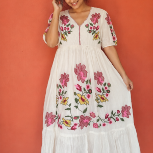 Women's White Floral Embroidered Cotton Midi Dress | Elegant Casual Ethnic Wear