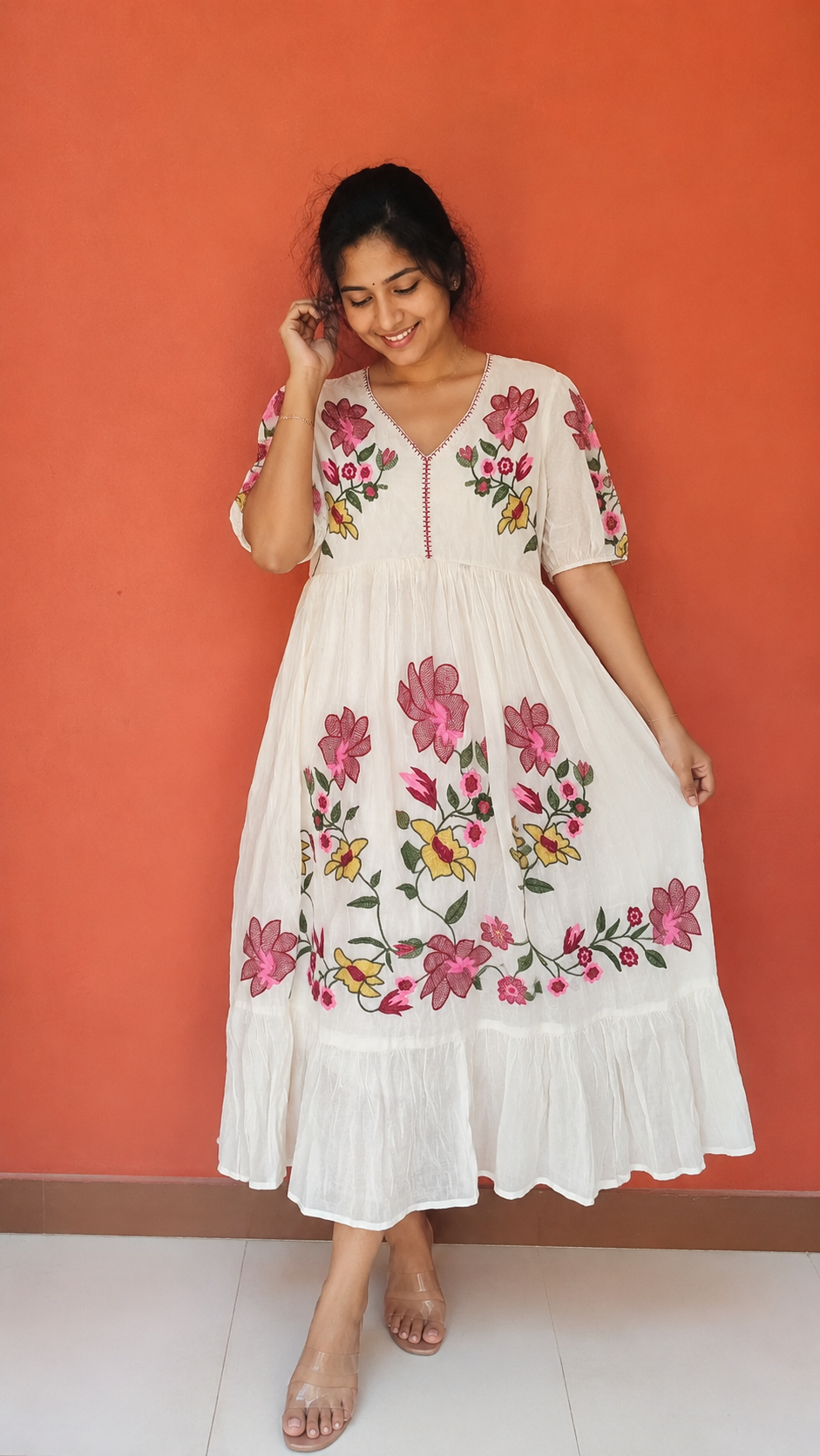 Women's White Floral Embroidered Cotton Midi Dress | Elegant Casual Ethnic Wear