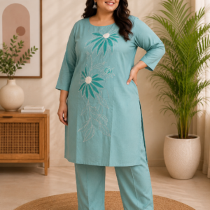 Women's Aqua Blue Floral Embroidered Vatican Fabric Co-Ord Set