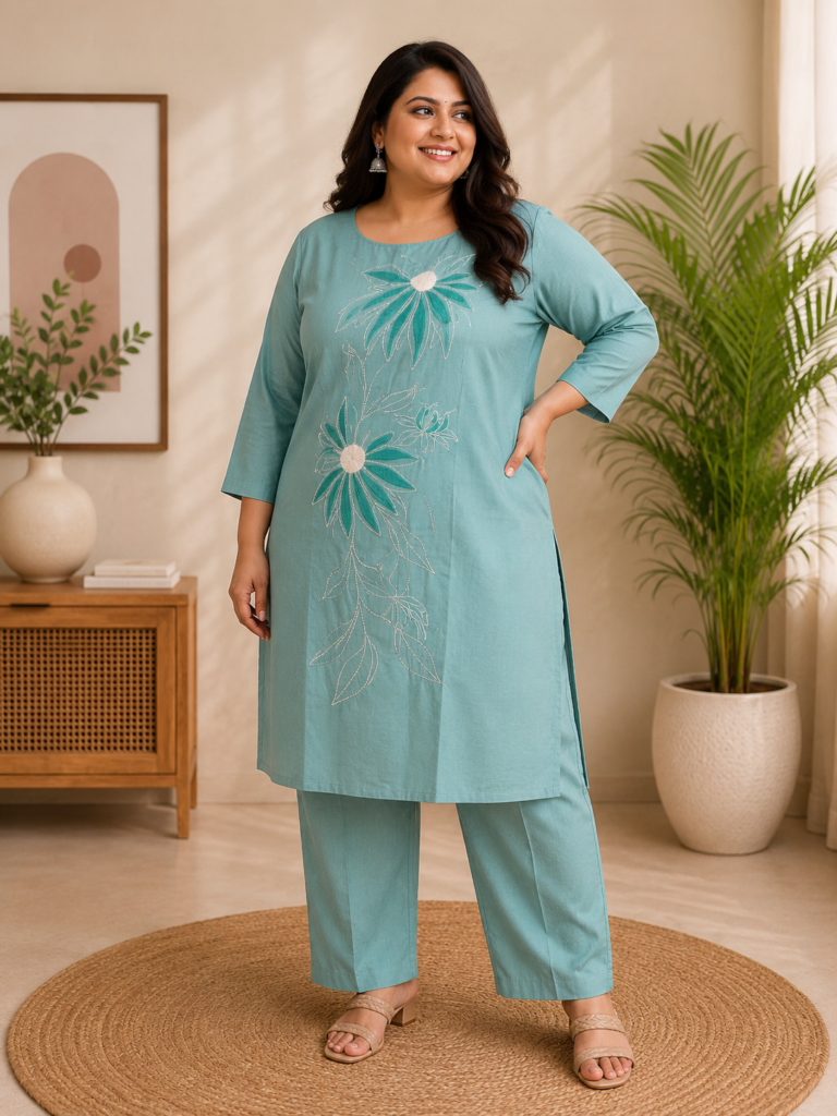 Women's Aqua Blue Floral Embroidered Vatican Fabric Co-Ord Set