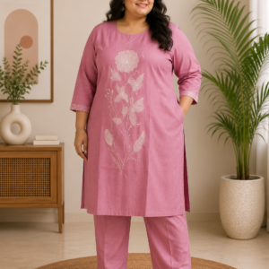 Women's Dusty Rose Floral Embroidered Vatican Fabric Co-Ord Set