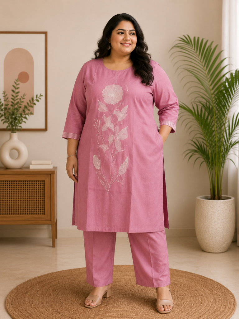 Women's Dusty Rose Floral Embroidered Vatican Fabric Co-Ord Set