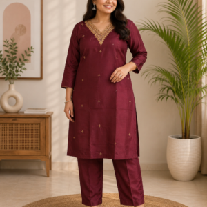 Women's Maroon Premium Silk Blend Embroidered Co-Ord Set | Elegant Ethnic Kurti & Pant Set