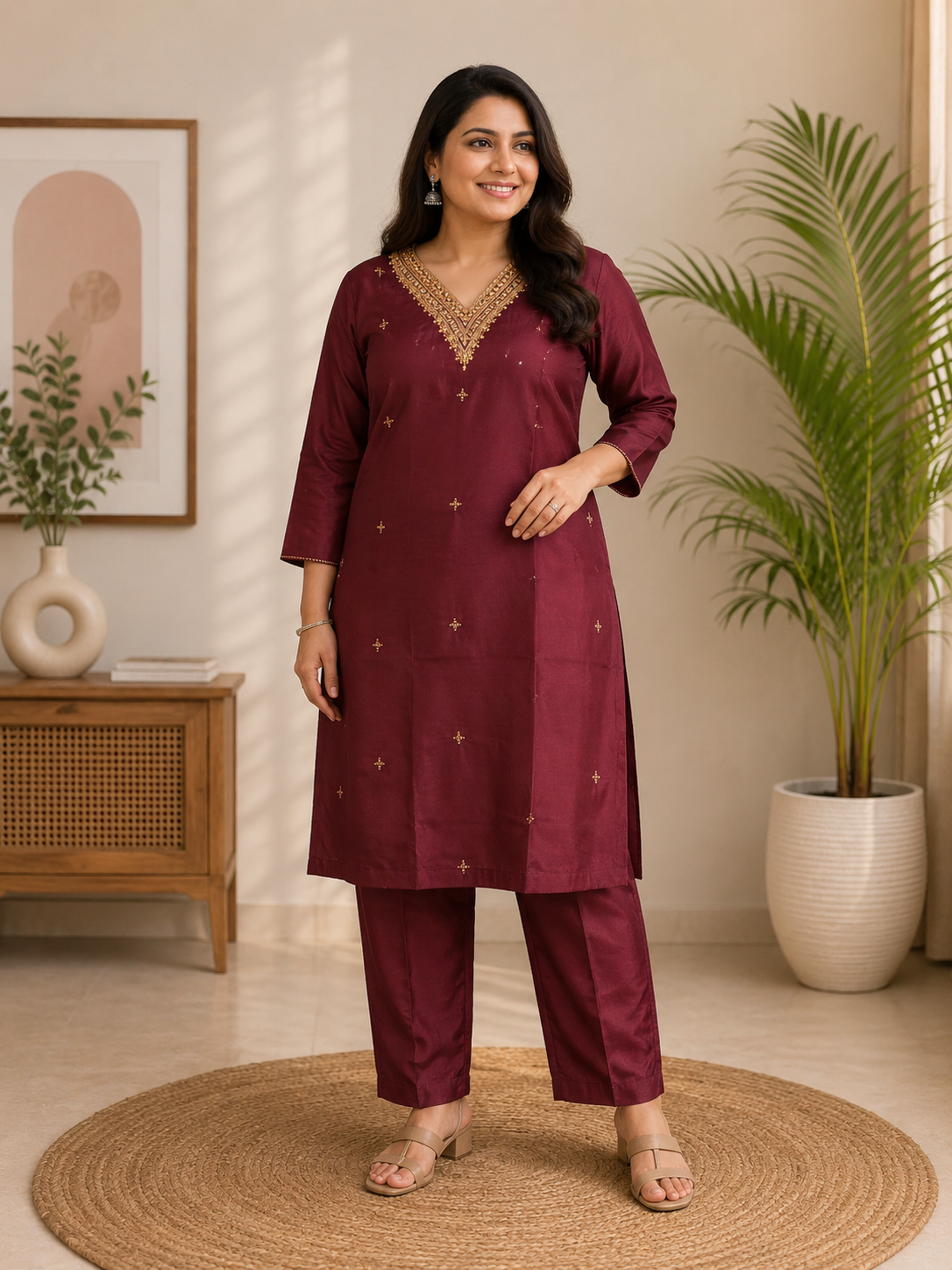Women's Maroon Premium Silk Blend Embroidered Co-Ord Set | Elegant Ethnic Kurti & Pant Set