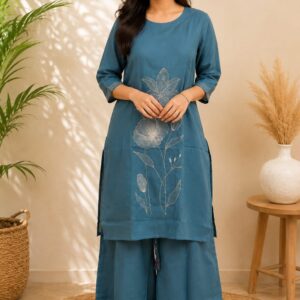 Elegant Teal Floral Embroidered Co-ord Set Set for Women