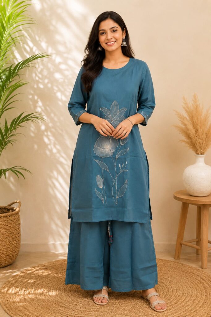 Elegant Teal Floral Embroidered Co-ord Set Set for Women