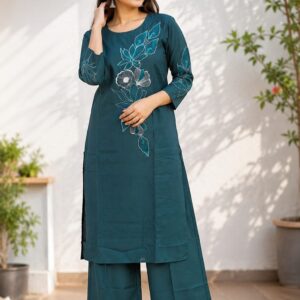 Women's Green Floral Embroidered Kurti with Palazzo Co-Ord Set