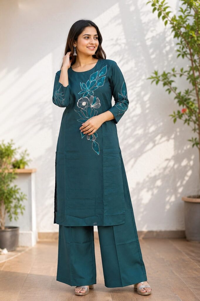 Women's Green Floral Embroidered Kurti with Palazzo Co-Ord Set