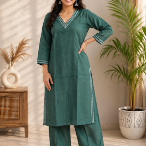 Women's Green Vatican Fabric V-Neck Co-Ord Set