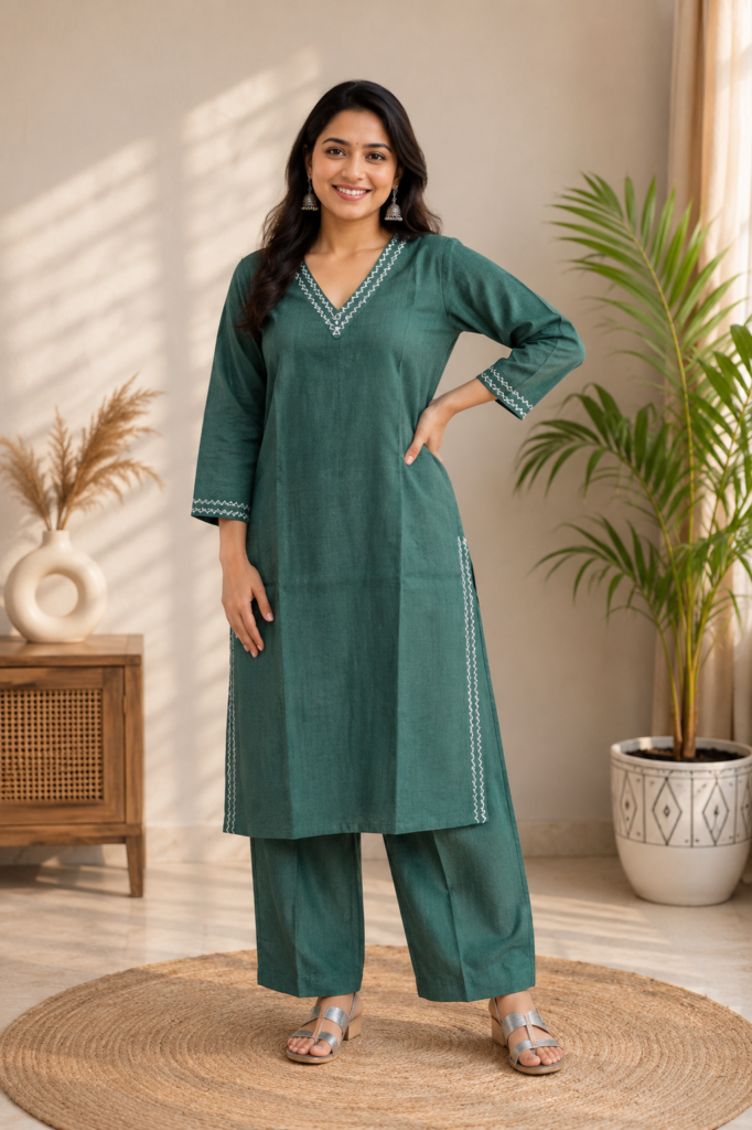 Women's Green Vatican Fabric V-Neck Co-Ord Set