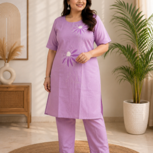 Women's Lavender Floral Embroidered Vatican Fabric Co-Ord Set