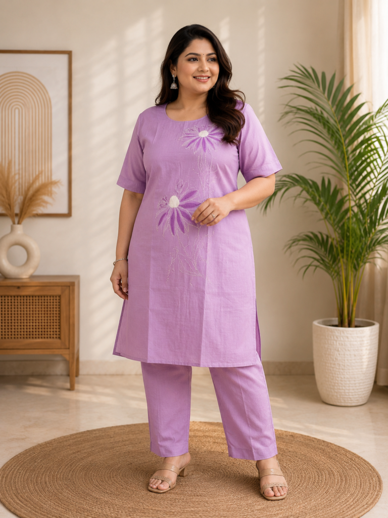 Women's Lavender Floral Embroidered Vatican Fabric Co-Ord Set